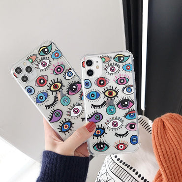 Clear iPhone case with eyes graphic