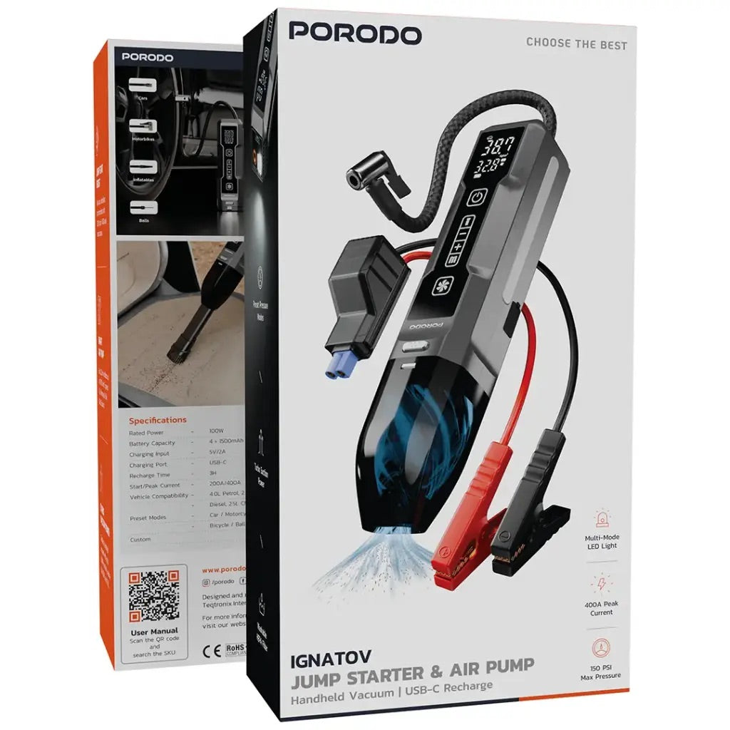 Porodo Ignatov Jump Starter & Air Pump with Handheld Vacuum & USB-C Recharge - Black