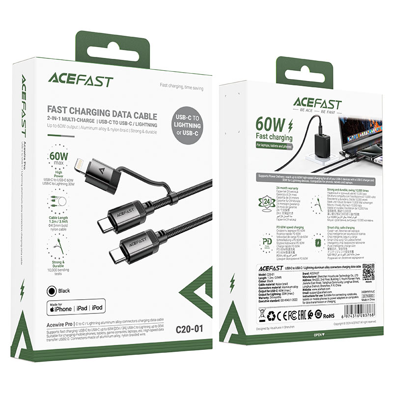 Acefast Charging Data Cable C20-01 USB-C to Lightning / USB-C