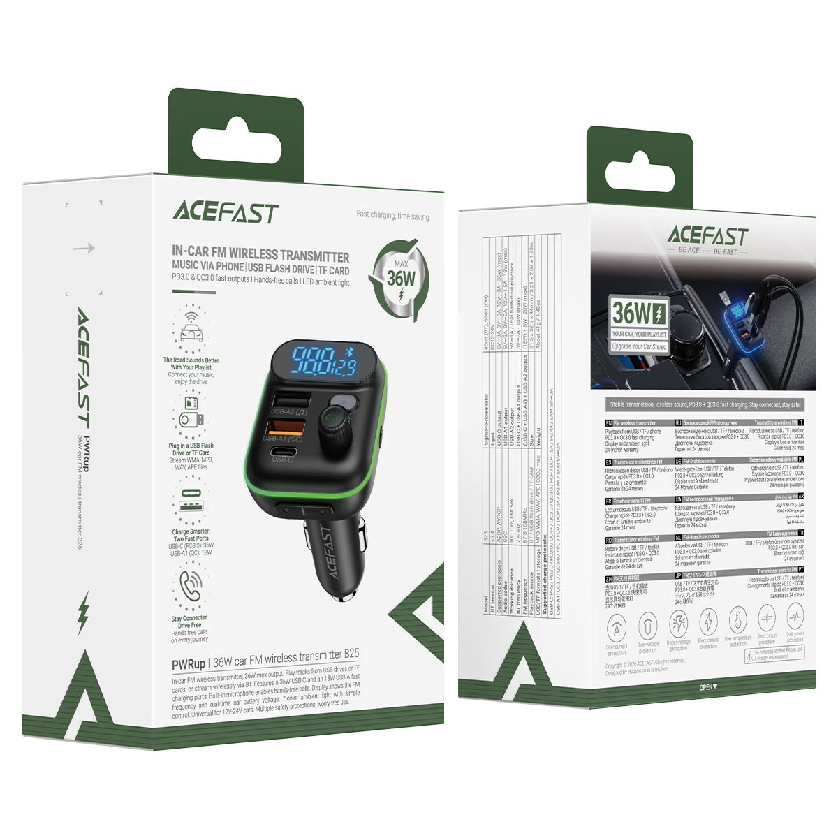 ACEFAST B25 Bluetooth FM Transmitter & 36W Fast Car Charger