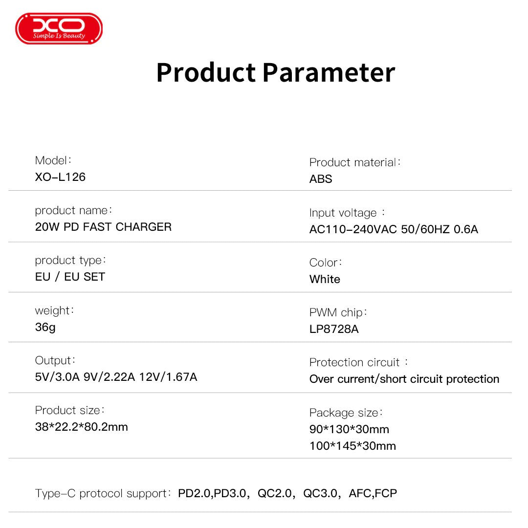 XO USB-C PD20W Fast Charging Charger